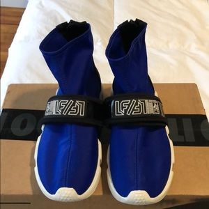 Blue and white high top sneakers